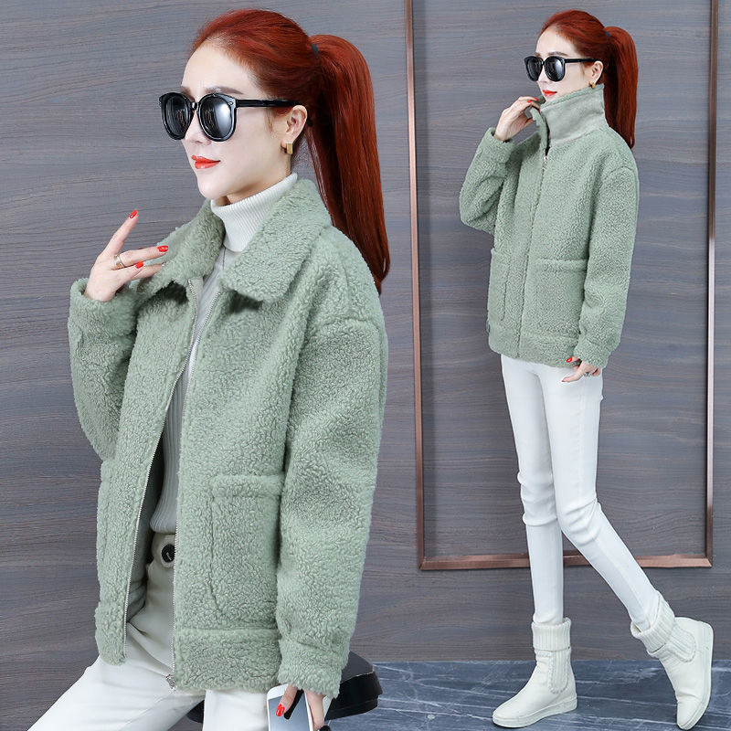 Double Collar Imitation Lamb Wool fleece-lined Thickened Cardigan Sweater Women's Autumn and Winter Hooded Korean Style All-match Slim-fit Slimming Jacket
