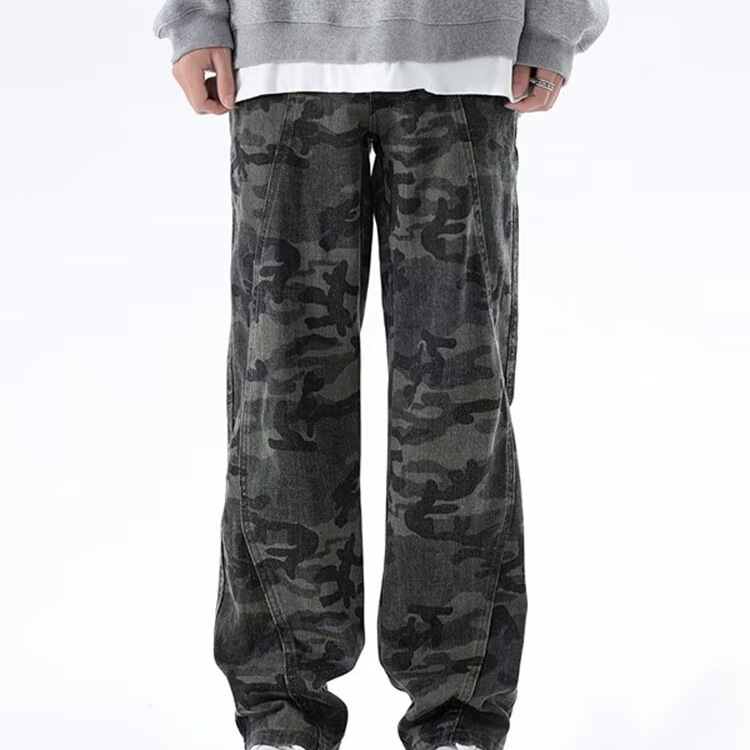 Monos de hip-hop de la calle americana, jeans de camuflaje retro de la marca de moda de la calle alta, pantalones rectos sueltos