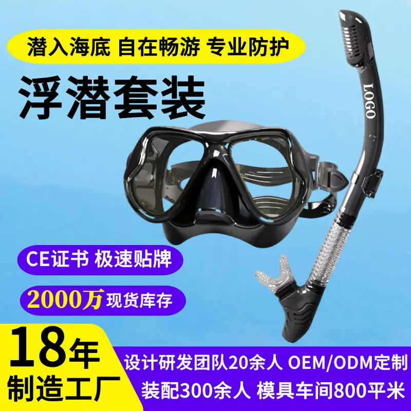 跨境定制干式呼吸管带度数浮潜面罩 男女通用近视潜水镜浮潜套装