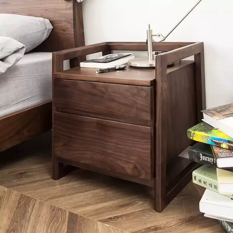 现代北欧全实木黑胡桃木床头柜卧室储物柜简约卧室家具两抽收纳柜