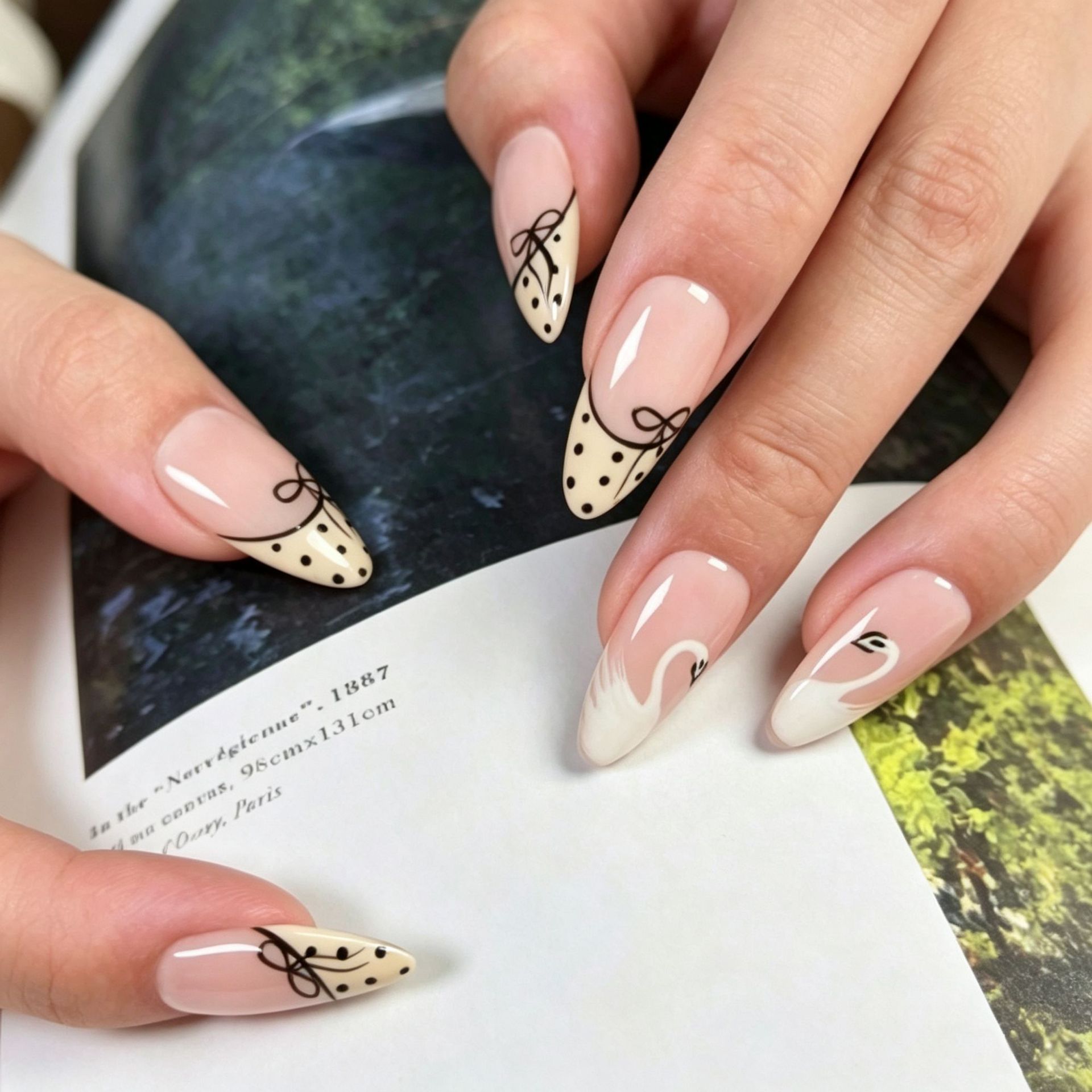 Swan Nude Pink Handmade Wearable Nails French Lace Edge Manicure Cross-Border Bestseller Bowknot Polka Dot Nail Stickers