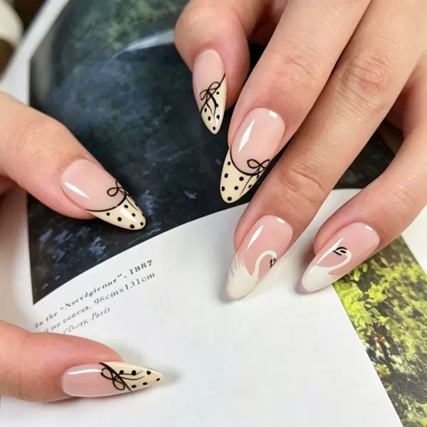 Swan Nude Pink Handmade Wearable Nails French Lace Edge Manicure Cross-Border Bestseller Bowknot Polka Dot Nail Stickers