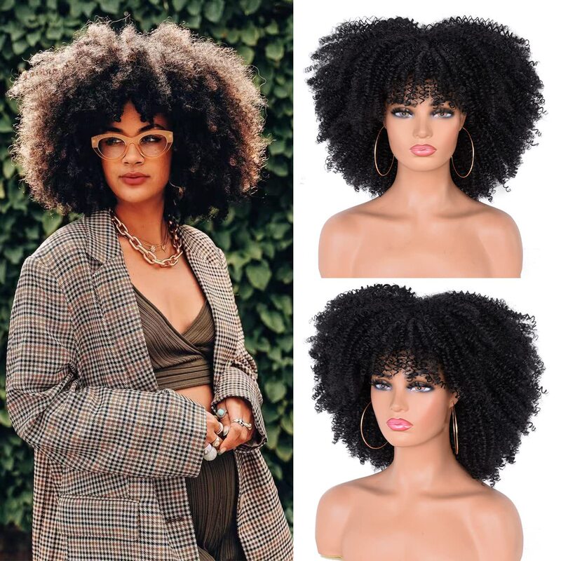 Natural-Looking 16inch Synthetic Curly Wig with Bangs - Heat Resistant for Everyday Wear