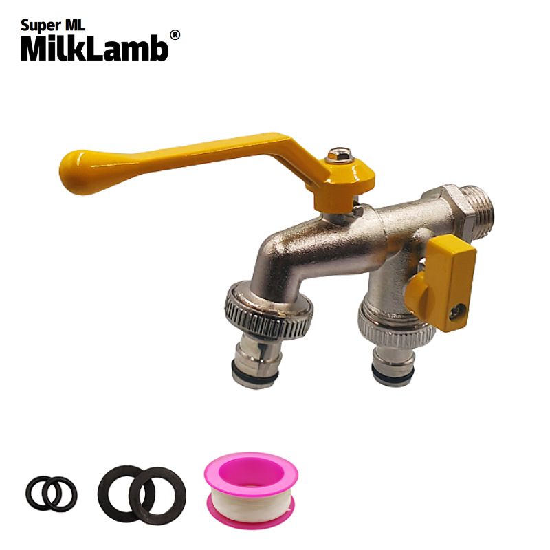 Cross-border exclusive 1/2 Gardening Double zinc alloy faucet, one in and two out double pacifier faucet [Yellow aluminum] full figure