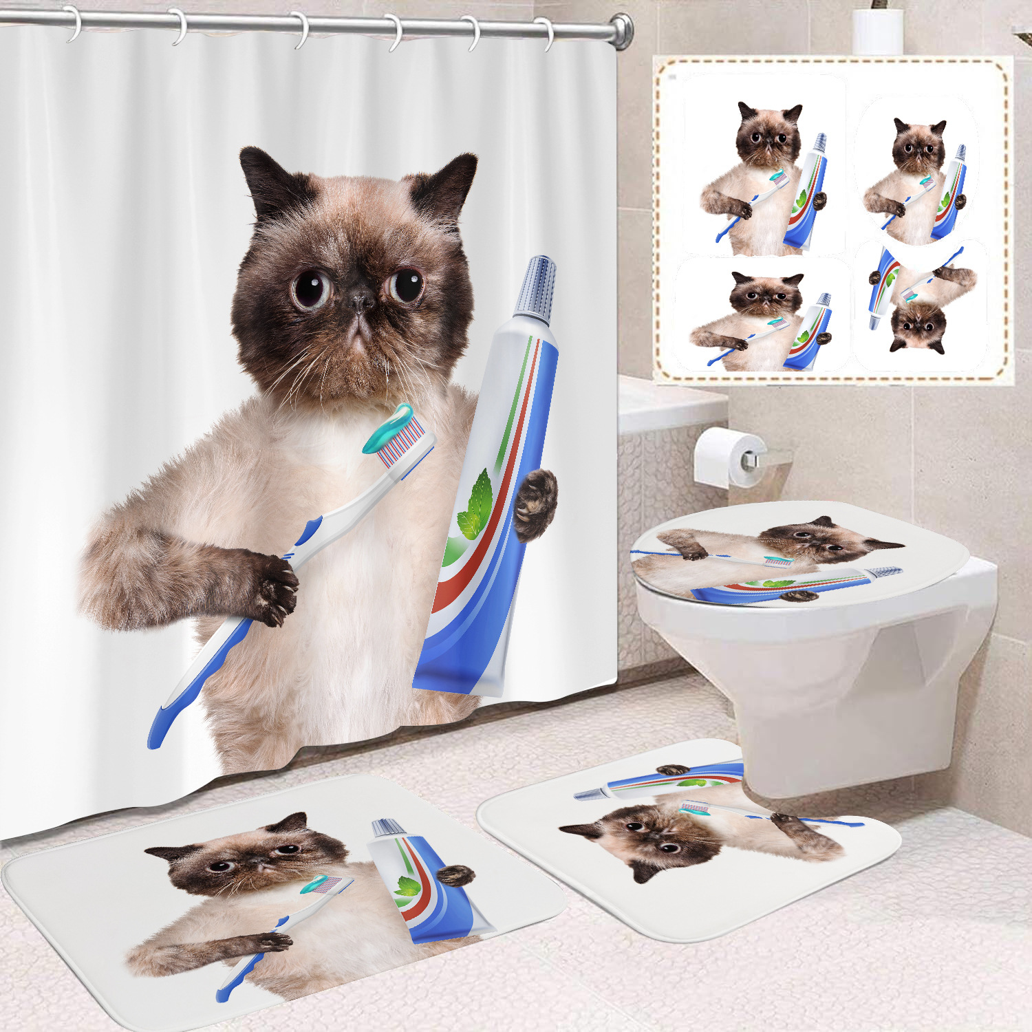 Fuente de fabricantes Amazon animales gatos niños cortina de ducha impermeable a prueba de moho cortina de ducha inodoro partición de baño divertido