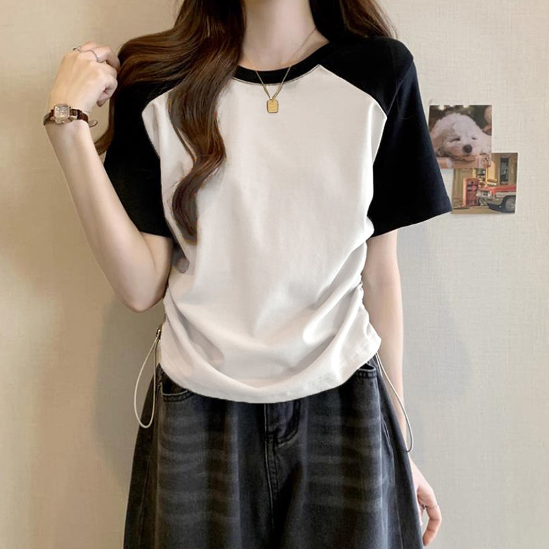 Shoulder Short-sleeved T-shirt Women's 2025 Summer New Design Sense Tight Waist Drawstring Niche Slim Ringed Short Top Shoulder Short-sleeved T-shirt Women's 2025 Summer New Design Sense Tight Waist Drawstring Niche Slim Ringed Short Top