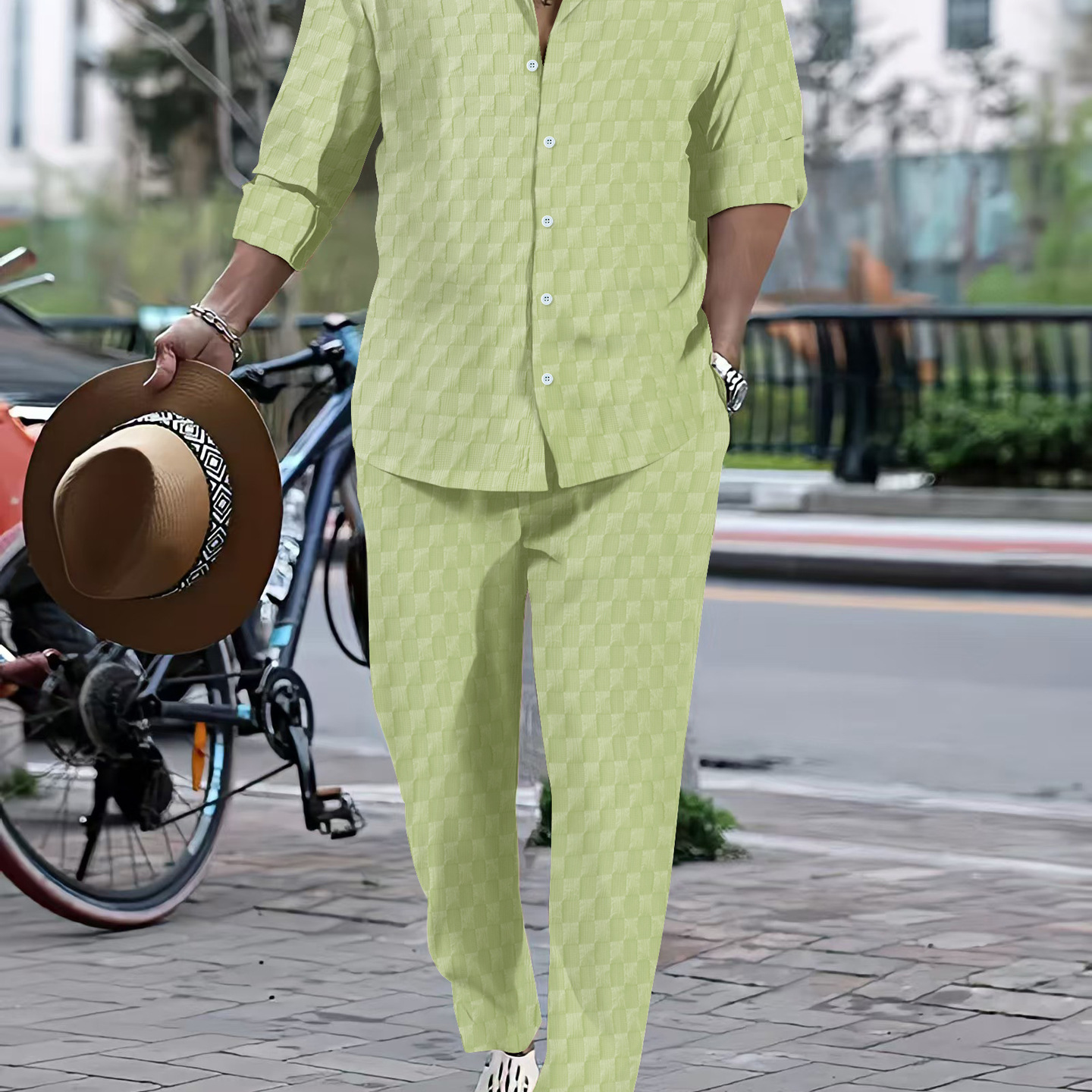 Cross-border European American Autumn Bestseller Men's Plaid Henley Collar Shirt And Trousers Trendy Casual_voghion.com