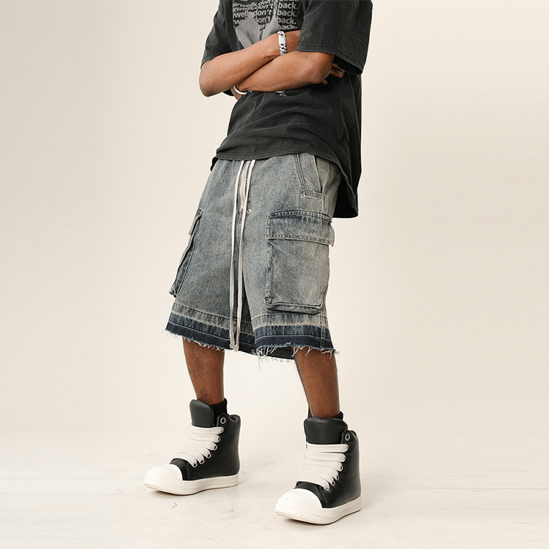 Gradient washed distressed denim shorts with frayed edges, men's high street, multi pocket, ribbon, loose wide leg five_voghion.com