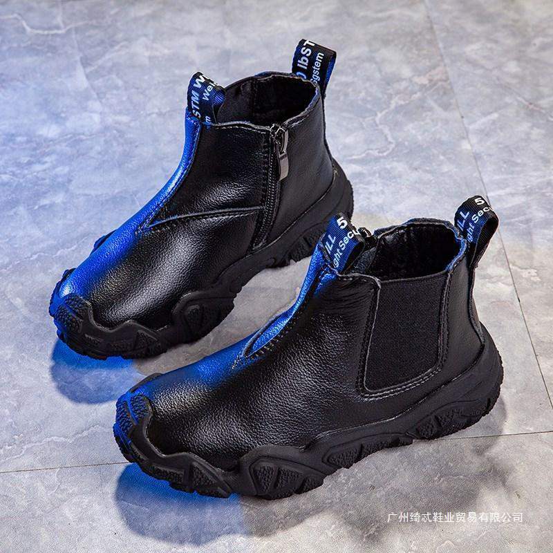 Boys' Boots 2025 Autumn and Winter New Leather Kidsren's Short Boots Fleece-Lined Cotton Baby Snow Cotton Boots Girls' Shoes