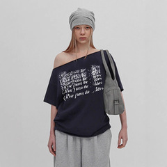 BM風アメリカの街頭デザイン感斜め肩ゆったり着痩せ半袖tシャツギャルプリントヒップホップカジュアル上着
