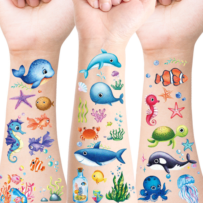 Children Tattoo Stickers New Glitter Marine Animal Whale Cute Boys Girls Shiny Waterproof Face Stickers Cross Border