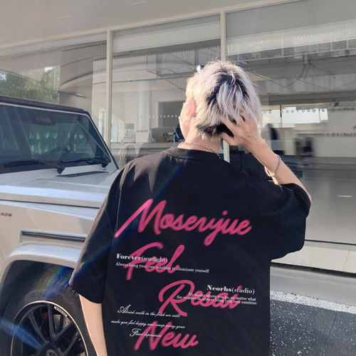 Men's Summer American Streetwear Short Sleeve T-Shirt Loose Casual Couple Matchable Printed High Street Crew Neck Top