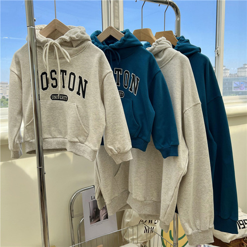 Autumn Korean Parent-Child Hooded Sweatshirt for Boys and Girls, Letter-Neck Overhead Top, Family Set for a Triad