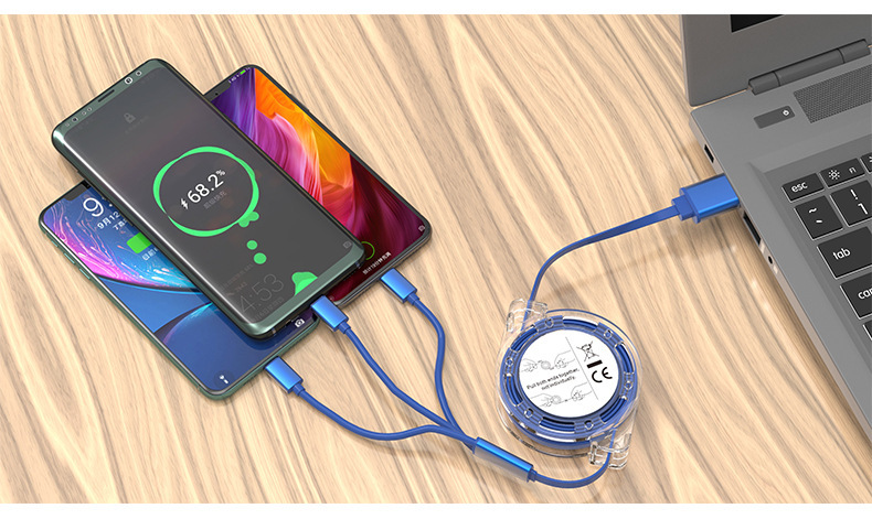Crystal retractable data cable with one to three logo gifts three in one easy storage universal mobile phone 3A fast charging cable
