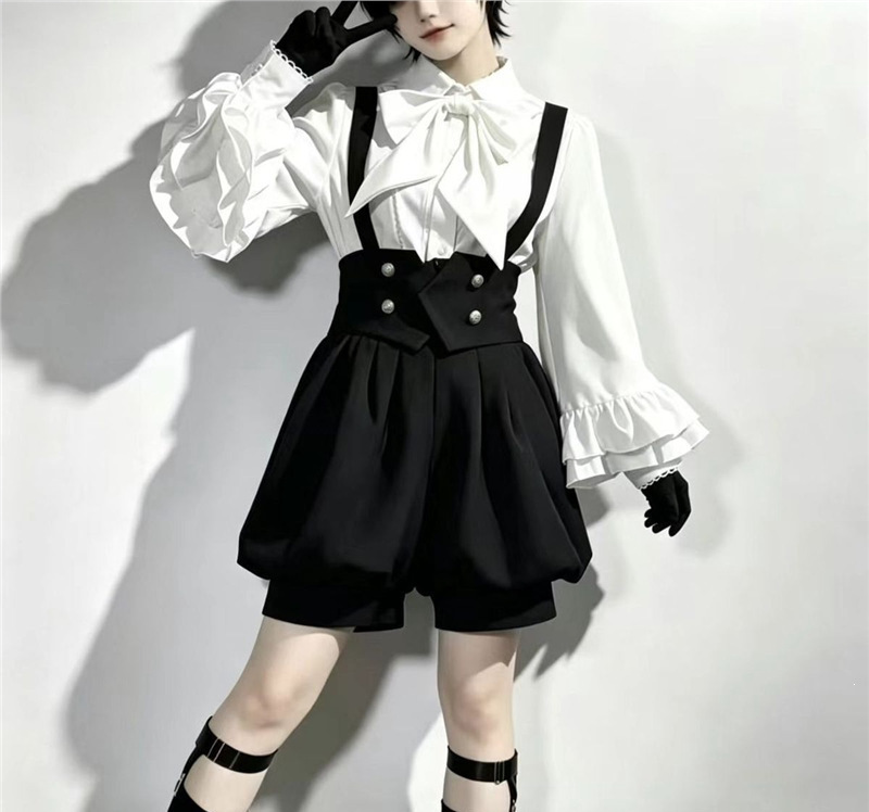 Retro Elegant Dark Cute Lolita Prince Style Shirt and Shorts Set Two-Piece College Style Suspender Set