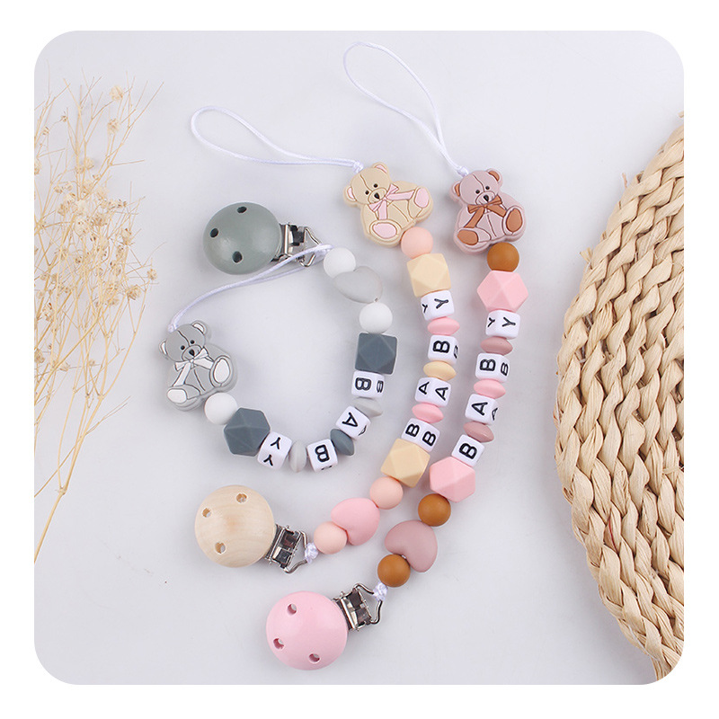 Nombre de bebé DIY calmar la cadena de tetas de caricatura bebé osos de silicona calmar la cadena de tetas de cadena anti-caída