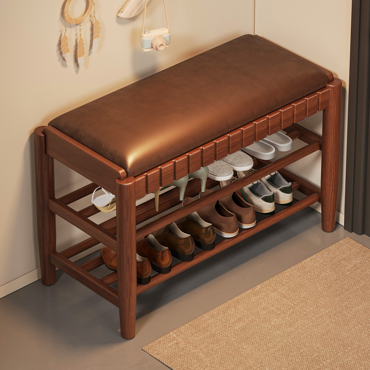 Taburete de cambio de zapatos doméstico ligero de lujo de madera sólida para usar zapatos en el hogar, zapatos de asiento integrados, portable, taburete de zapatos estrecho