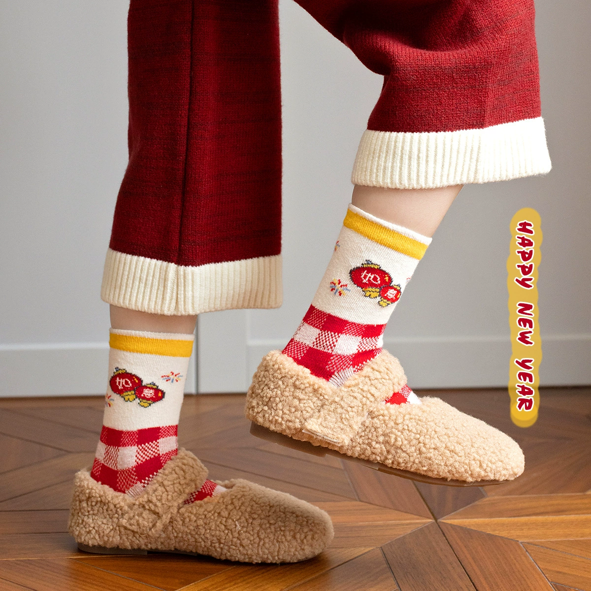Cartoon festive red children's knee socks, for teenagers, combed cotton, mid-length