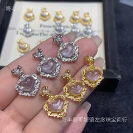 批发新款 天然水沫玉心形洛丽塔花纹吊坠 法式复古小众设计款项链