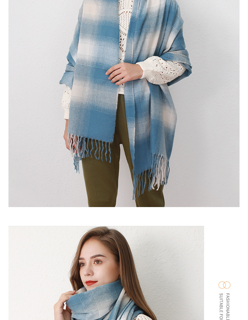 Gradient plaid faux cashmere tassel scarf for women's oversized warm and soft shawl_voghion.com