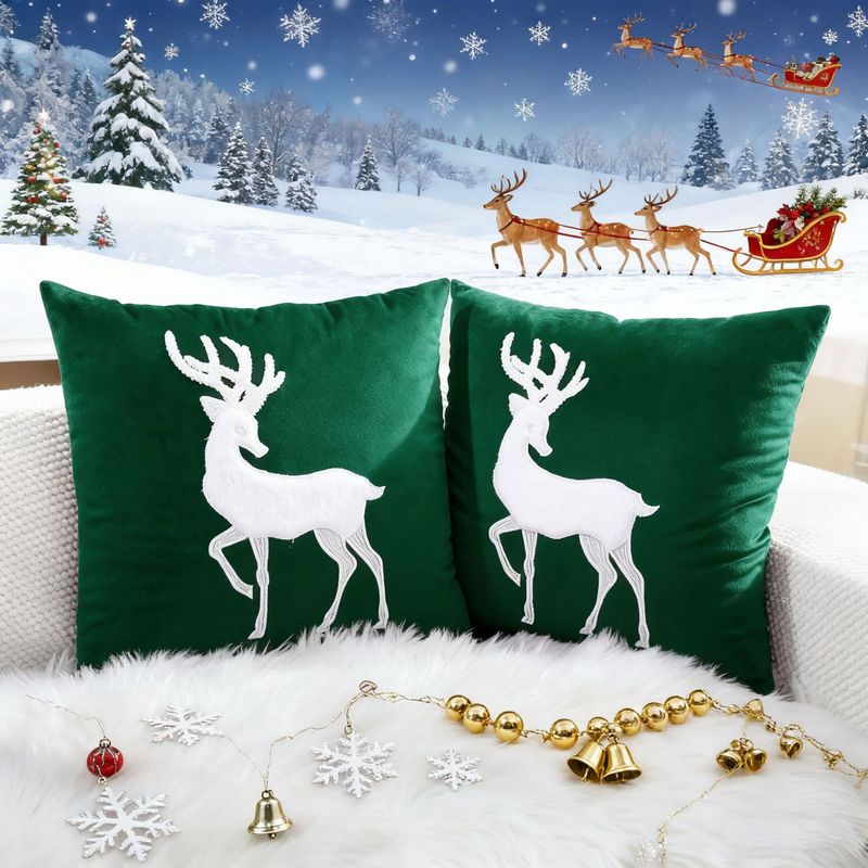 ホワイトエルク刺繍クリスマス枕カバー、クリスマスのリビングルームや部屋の装飾用クッションカバーに最適|undefined