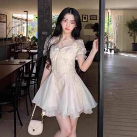 纯欲白月光气质蓬蓬网纱拼接连衣裙女2025夏季法式温柔绝美小裙子