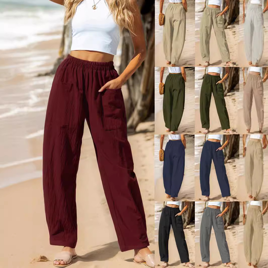2025 Summer Elastic Waist Straight-Leg Pants Women's Cotton Linen Nine-Point Vacation Casual Pants Amazon Cross-Border Breathable Style