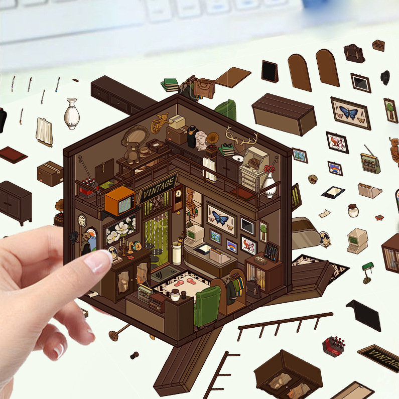 漫画造園ステッカー、さまざまなミニチュア世界 3D キャビン、リトルレッドブック減圧 DIY シーンハンドブックステッカー卸売 PET|undefined