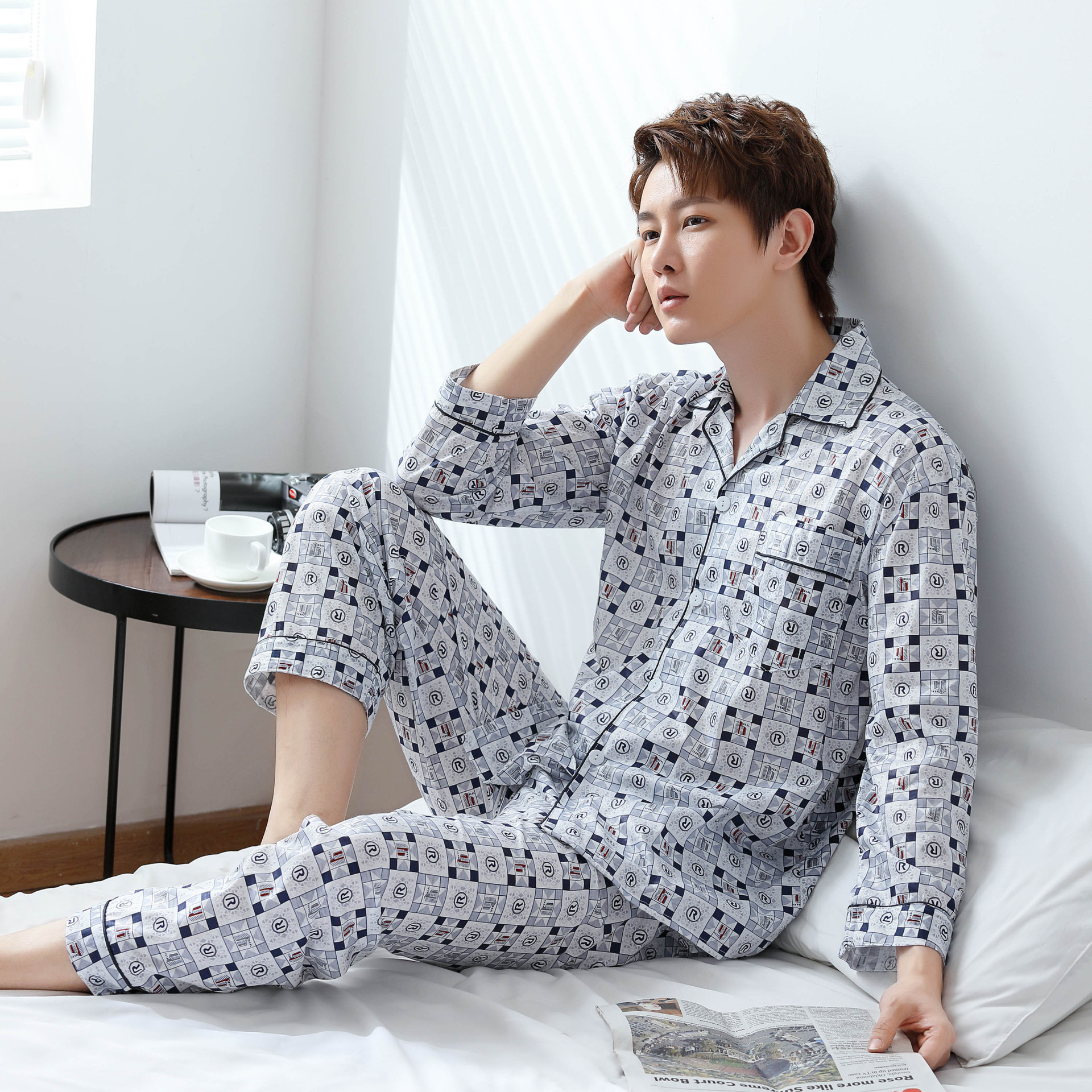 Pijamas de manga larga de verano Delgado casual simple traje homewear pijamas más tamaño cardigan pequeña solapa primavera y otoño