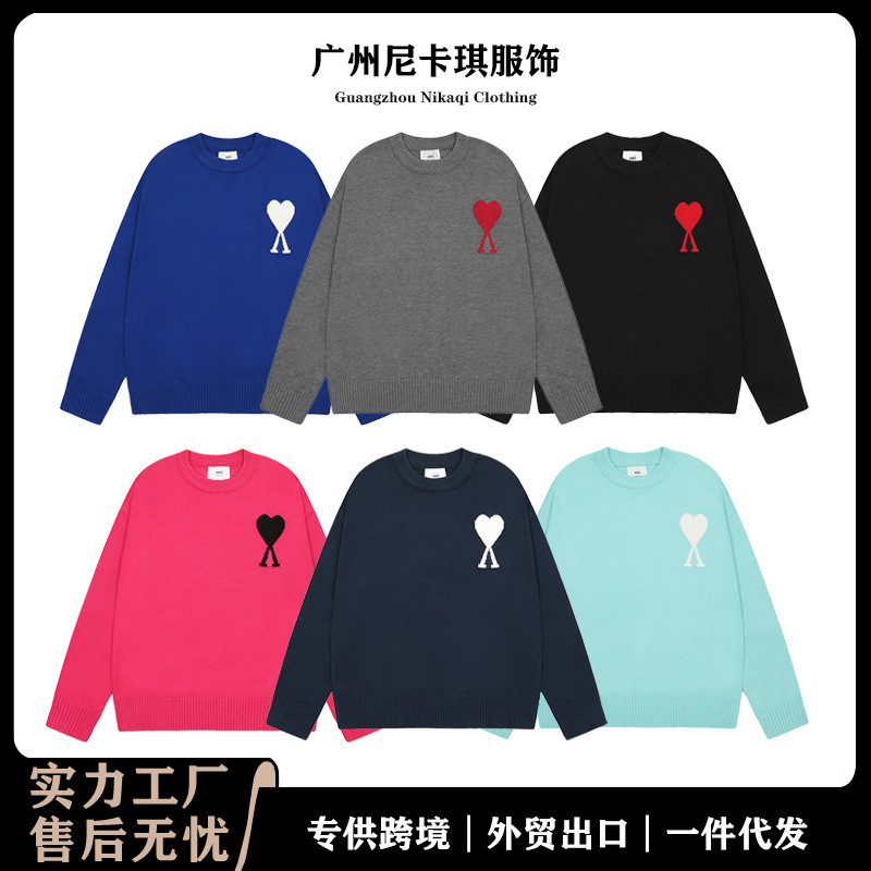 Knitted Sweater Round Neck Small Heart Trendy Brand Female Couple Loose Sweater Top Long Sleeve 25Ss New Cross-Border Men and Women