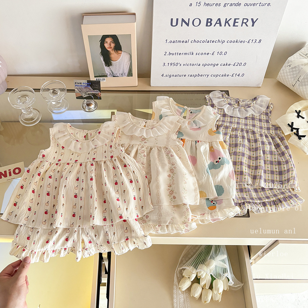 夏季薄款无袖公主女宝宝可爱碎花裙子童装外贸两件套云边卡通套装