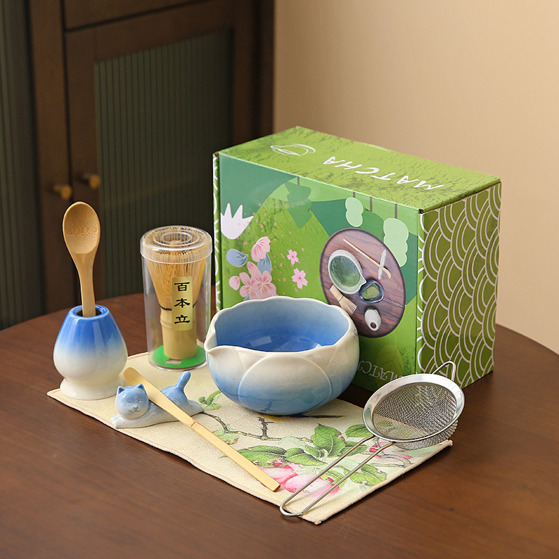 Matcha Bowl Ceramic Japanese-Style Matcha Set with 100-Prong Bamboo Whisk, Sòng Dynasty Tea Ceremony Gift Box