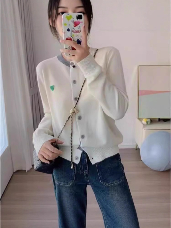 温柔风针织开衫女纽扣,拼色长袖打底上衣洋气宽松毛衣外套春秋新|undefined