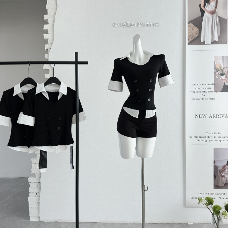 Black Shirt for Women, 2026 New Style, French-Style Top with a Nice Design, Black Fake Two-Piece Shirt Black Shirt for Women, 2026 New Style, French-Style Top with a Nice Design, Black Fake Two-Piece Shirt
