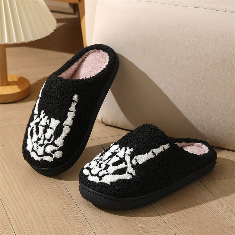 Skull Finger Pattern Skull Embroidery stuffed Home Platform Cozy Wool Cotton Slippers Rock Finger Warm Non-slip Indoor Slippers S044_voghion.com