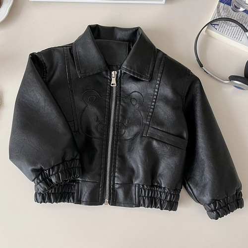 Children's Leather Jacket 2025 Spring Korean Style Casual Small and Medium Children's Flowered Bear Soft PU Jacket Top