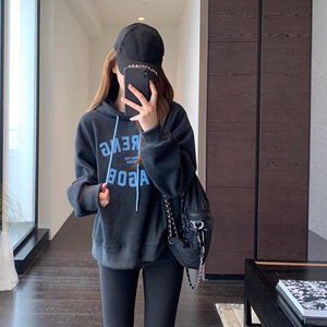 美式休闲 慵懒范加绒加厚灰色连帽字母卫衣女2025新款冬季