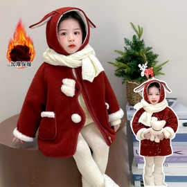女童加绒加厚外套秋冬季宝宝红色呢子洋气儿童喜庆大衣安可拉红潮