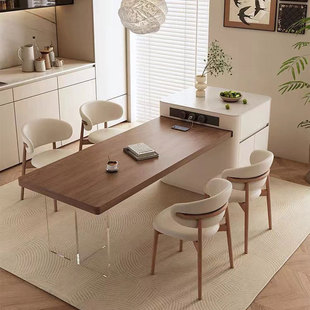 Foshan Modern Simple Walnut Solid Wood Slate Island Dining Table Integrated Multi-Functional Telescopic Acrylic Center Table