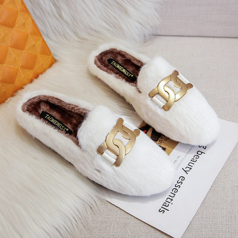 Dép nửa bít mũi lông xù nữ đế bệt giữ ấm — Màu trắng, Màu đen