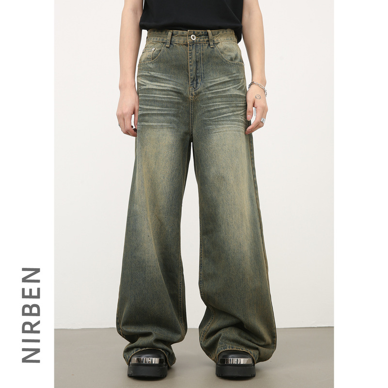 Nirben Denim | American retro cyan washed cat whiskers jeans men's drape loose straight wide leg pants Nirben Denim | American retro cyan washed cat whiskers jeans men's drape loose straight wide leg pants