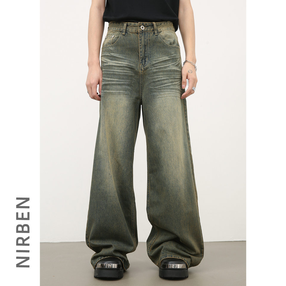 Quần jean nam ống rộng ống đứng dáng suông, vải denim giặt nước hiệu ứng râu mèo — Xanh cổ điển