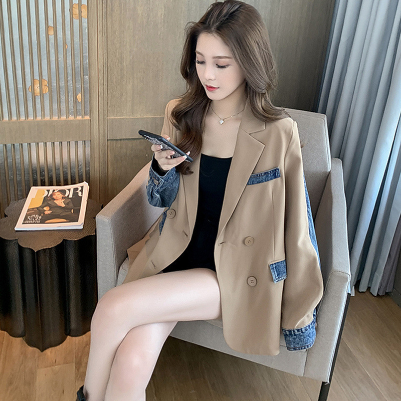 Unique Design Sense Denim Stitching Jacket Women's Spring and Summer High-end Sense Fried Street Casual Personality Small Suit European Goods