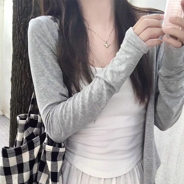 Gray Knitted Cardigan for Women, Summer Korean Style Outerwear to Pair with a Slip Dress, Thin Shawl, Sun-Protective Short Top