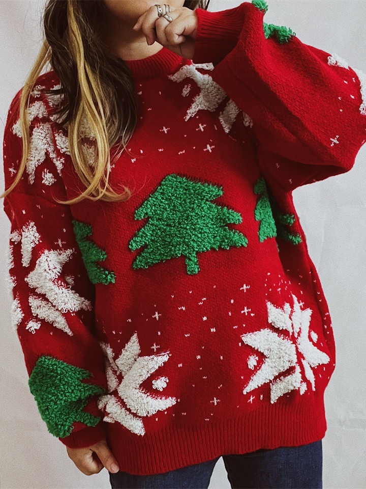 Amazon transfronterizo otoño e invierno nuevo árbol de Navidad jacquard cuello redondo manga larga engrosada Jersey de punto suéter de Navidad para las mujeres