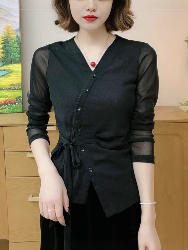 一件代发2025新款长袖恤女网纱上衣系带士直播春中老年女装|undefined