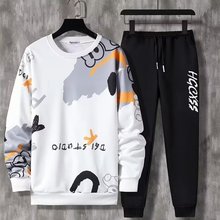 青少年学生潮流男装春秋新款印花运动休闲两件套长袖圆领套装批发