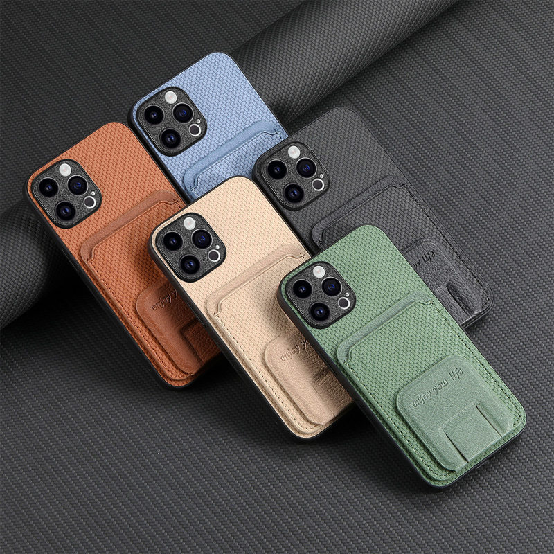 Cross-Border Applicable Iphone17Pro Fiber Pattern Card Holder Apple 16 Card Case Creative Folding Stand Phone Case