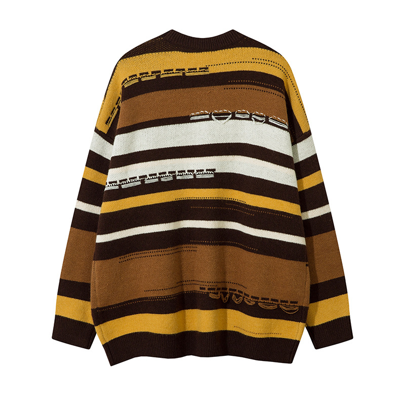 Herrenbekleidung Nationale Mode farbenfrohe Farbabstimmung Streifendesign Sinn lockerer Rundhalspullover Herrenmode brandneuer Pullover im faulen Stil_voghion.com