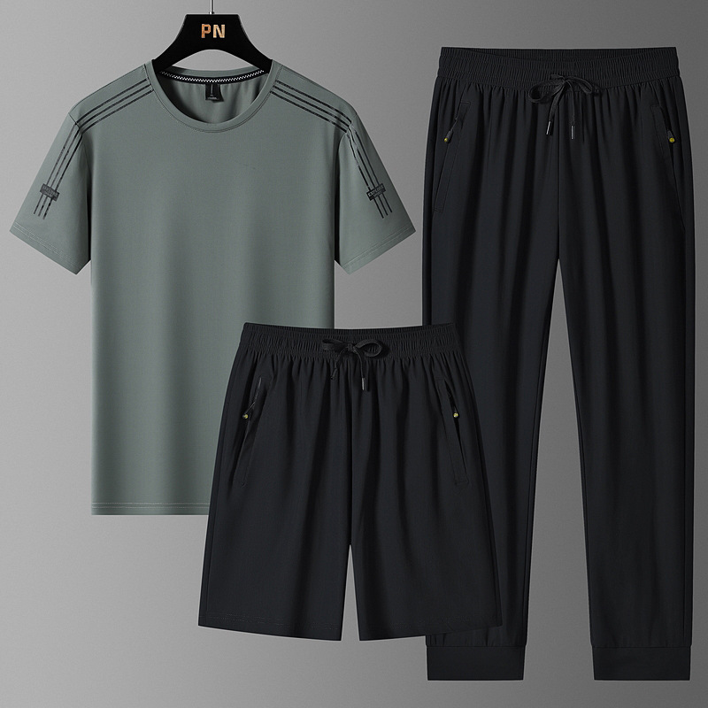 Hombres delgados de tamaño grande juego deportivo de hielo camiseta de cuello redondo suelta secado rápido mangas cortas pantalones cortos 3 piezas al por mayor